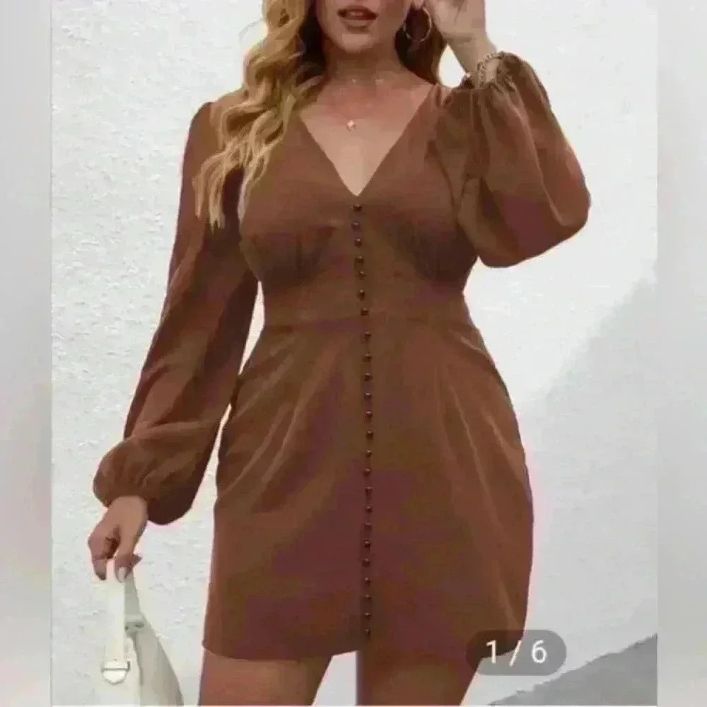 Shein Brown V-neck Women's 0XL Dress (547)